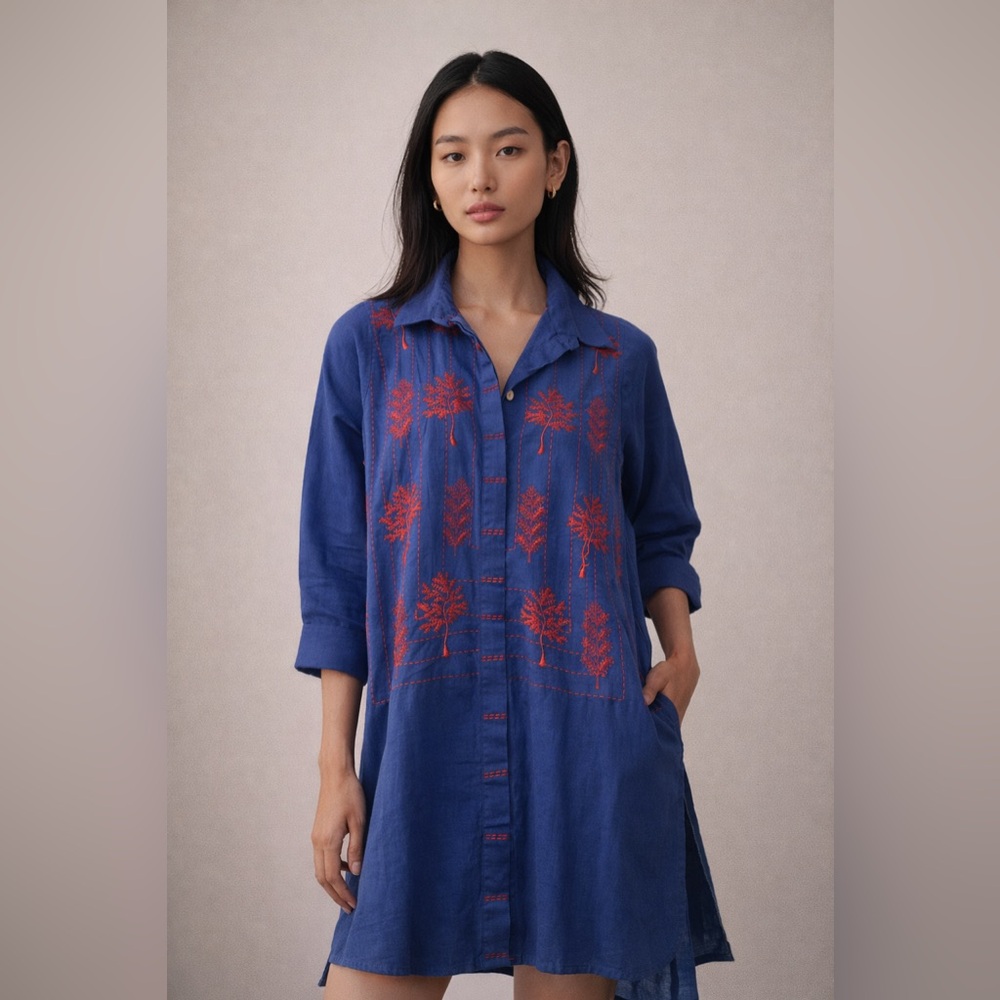 Linen Embroidered Tunic with Red Palm Tree Size S